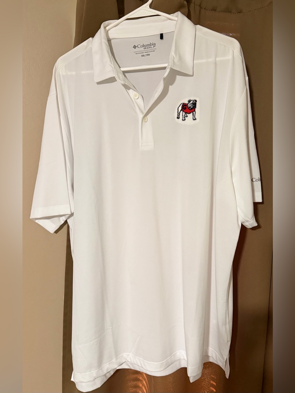 Columbia Men’s White Polo with Red & Black Bulldog Patch